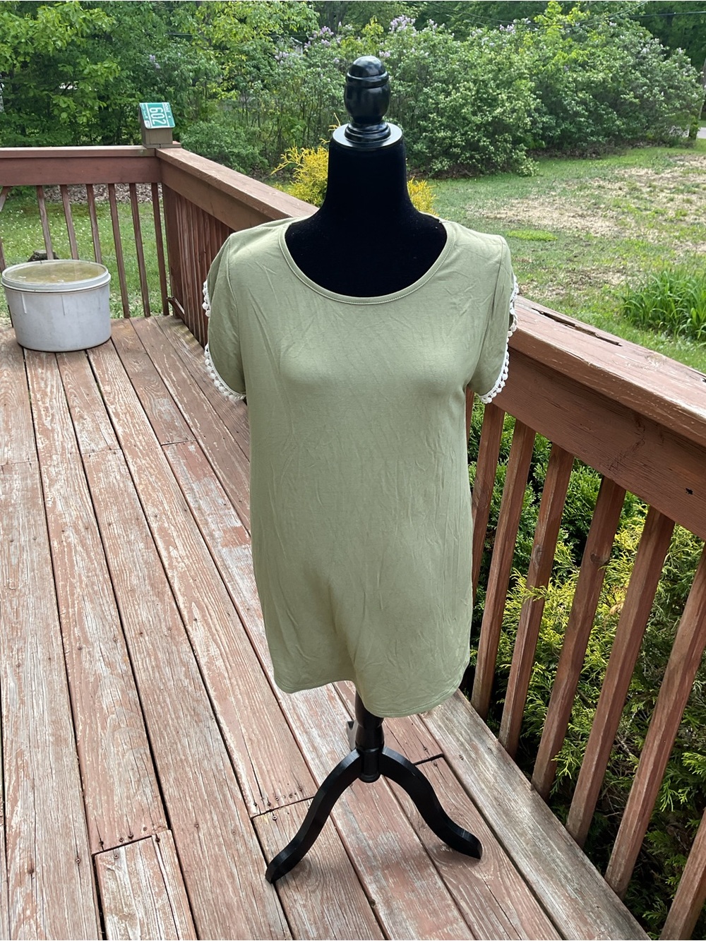 Women’s Olive Green Short Sleeve Top with Lace Trim